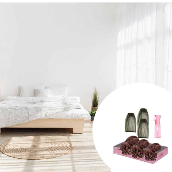 "Wig storage set with hair bags, travel case, and sanitizer in a bright bedroom setting."