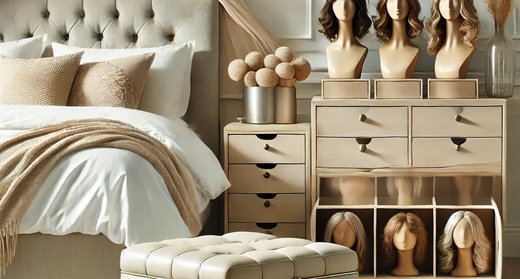 "Serene bedroom with a neatly made bed, a decorative ottoman at the foot with its lid open showing organized wigs, and a dresser displaying neutral-toned wig boxes. The room is styled in soft, calming colors like beige and cream, with modern furniture and soft lighting, creating a peaceful and chic atmosphere."