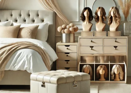 "Serene bedroom with a neatly made bed, a decorative ottoman at the foot with its lid open showing organized wigs, and a dresser displaying neutral-toned wig boxes. The room is styled in soft, calming colors like beige and cream, with modern furniture and soft lighting, creating a peaceful and chic atmosphere."