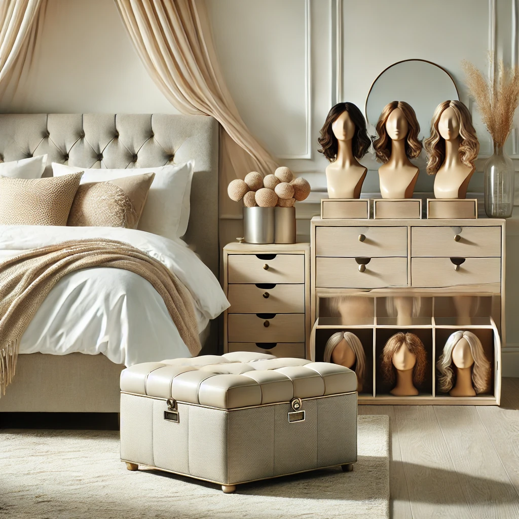 "Serene bedroom with a neatly made bed, a decorative ottoman at the foot with its lid open showing organized wigs, and a dresser displaying neutral-toned wig boxes. The room is styled in soft, calming colors like beige and cream, with modern furniture and soft lighting, creating a peaceful and chic atmosphere."