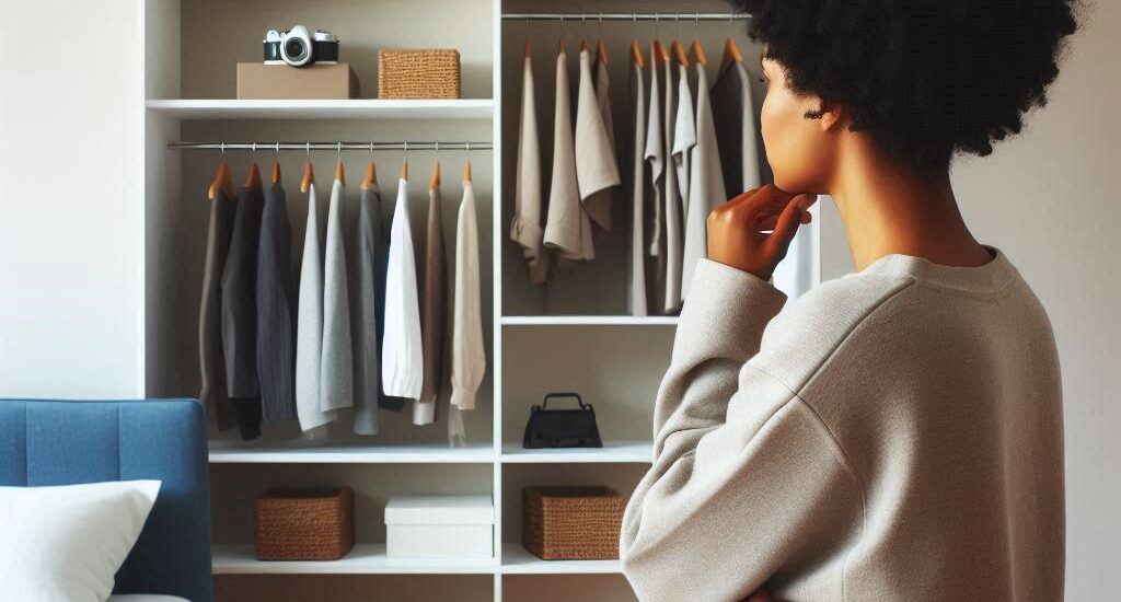 A stylish Black woman standing in a well-lit room, thoughtfully looking at a blank wall, envisioning it as a space for floating wall shelves and home organization.