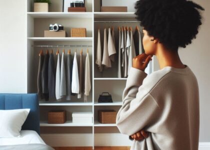 A stylish Black woman standing in a well-lit room, thoughtfully looking at a blank wall, envisioning it as a space for floating wall shelves and home organization.