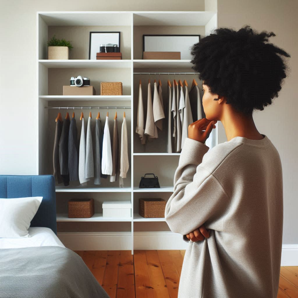 A stylish Black woman standing in a well-lit room, thoughtfully looking at a blank wall, envisioning it as a space for floating wall shelves and home organization.