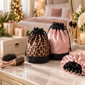 Leopard-print and blush pink drawstring beauty bags with black trim on a vanity beside hair brushes, a satin bonnet, and holiday gifts.